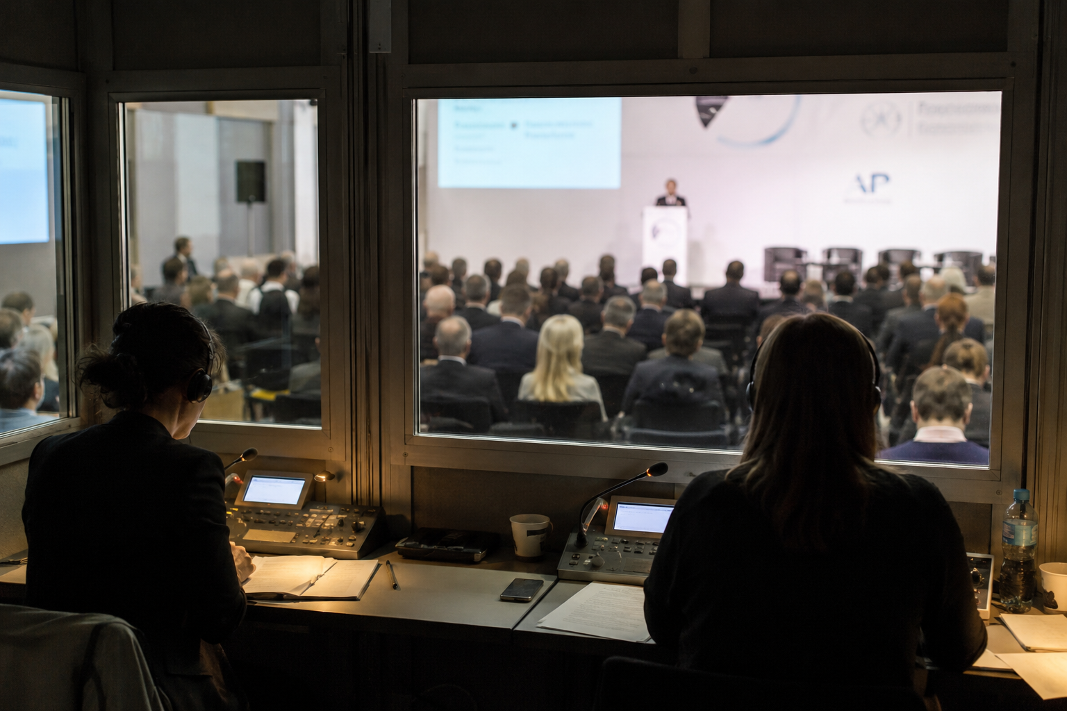 Účastníci konference sedí v sále, přednášející na pódiu, pohled z tlumočnické kabiny přes okna.